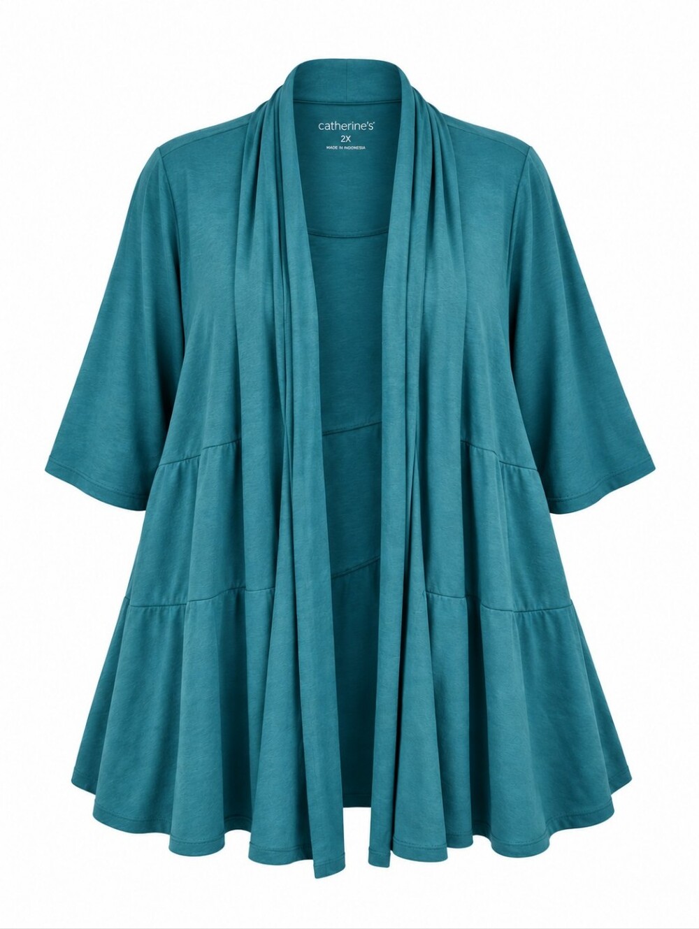CATHERINE'S | Teal Tiered Shawl Collar Swing Steetch Knit Cardigan Jacket | 2X